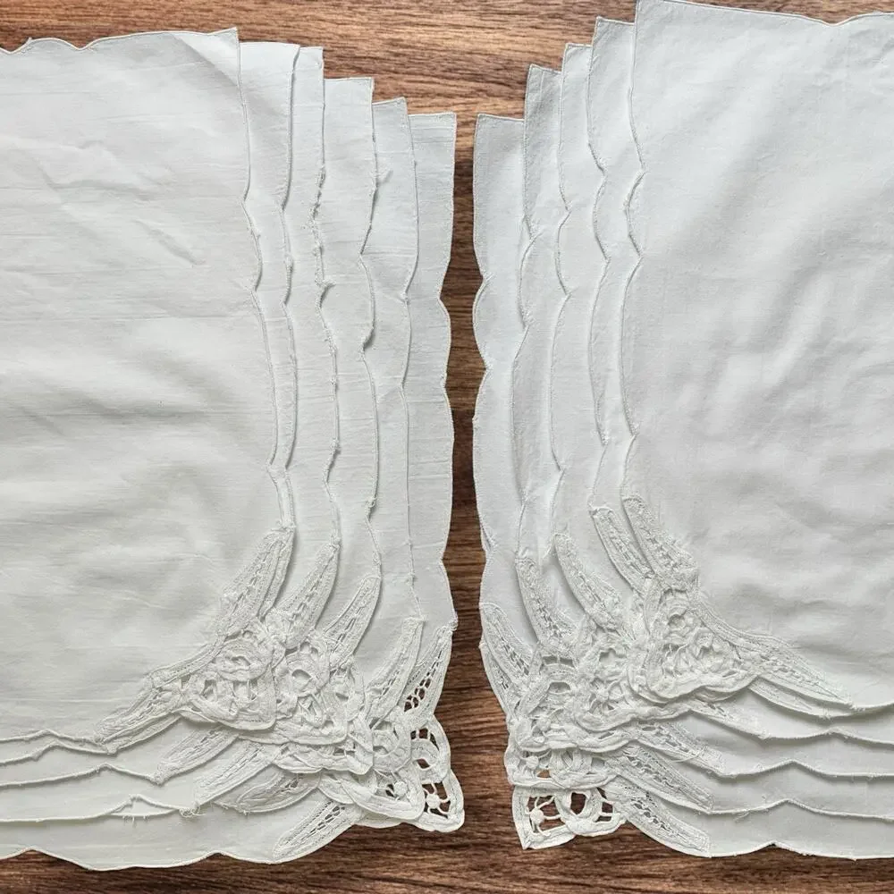 Battenburg Lace Corner Dinner Napkins Set 12 White Cotton Openwork Cottage 16x15